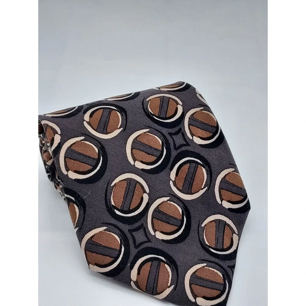 Men Silk Necktie Charcoal Grey Brown Cream Geometric Circle Abstract Pattern Tie